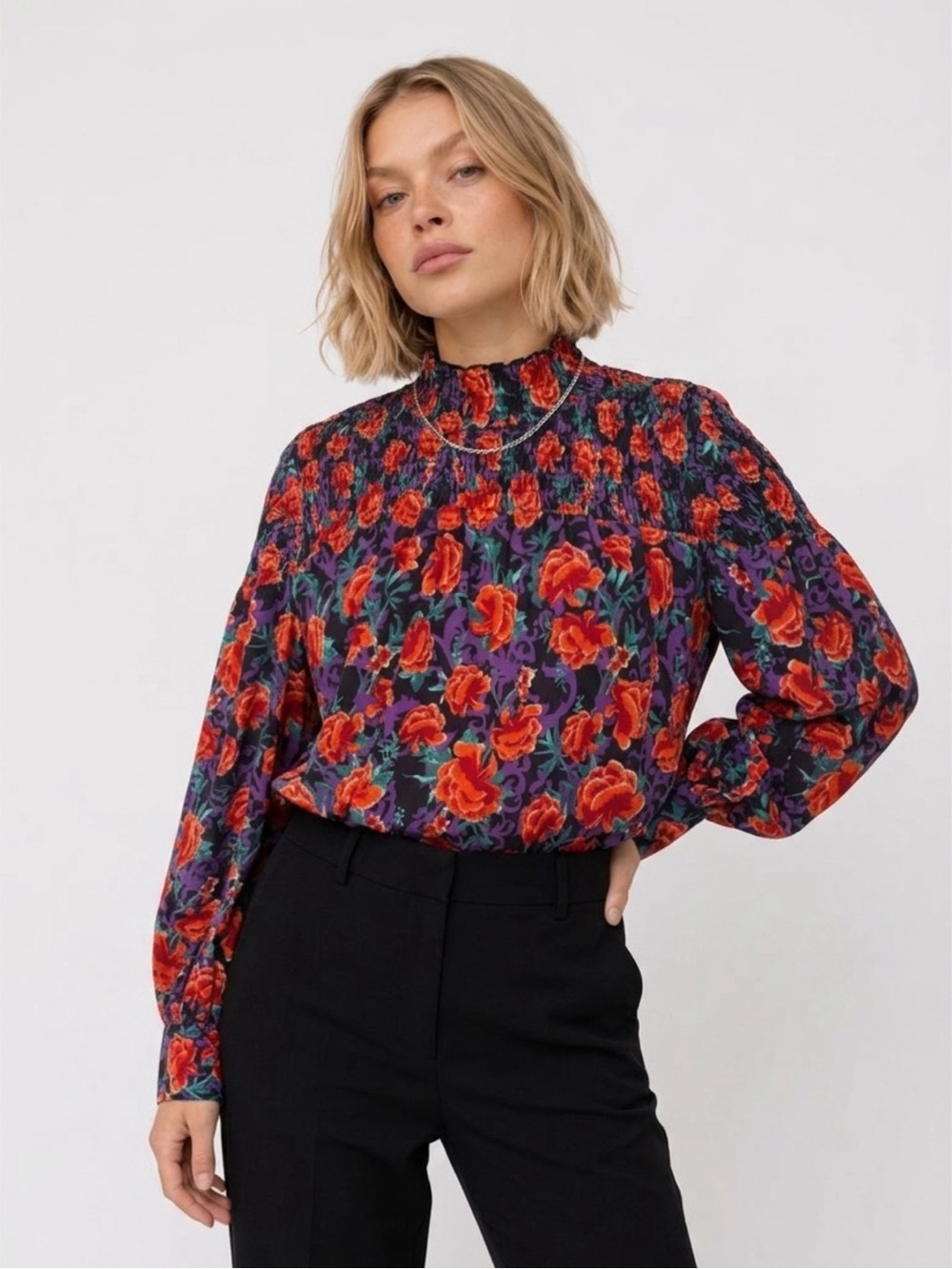 Calligraphie Top High Neck Smocked Long Sleeve Floral Blouse Size XL Modest